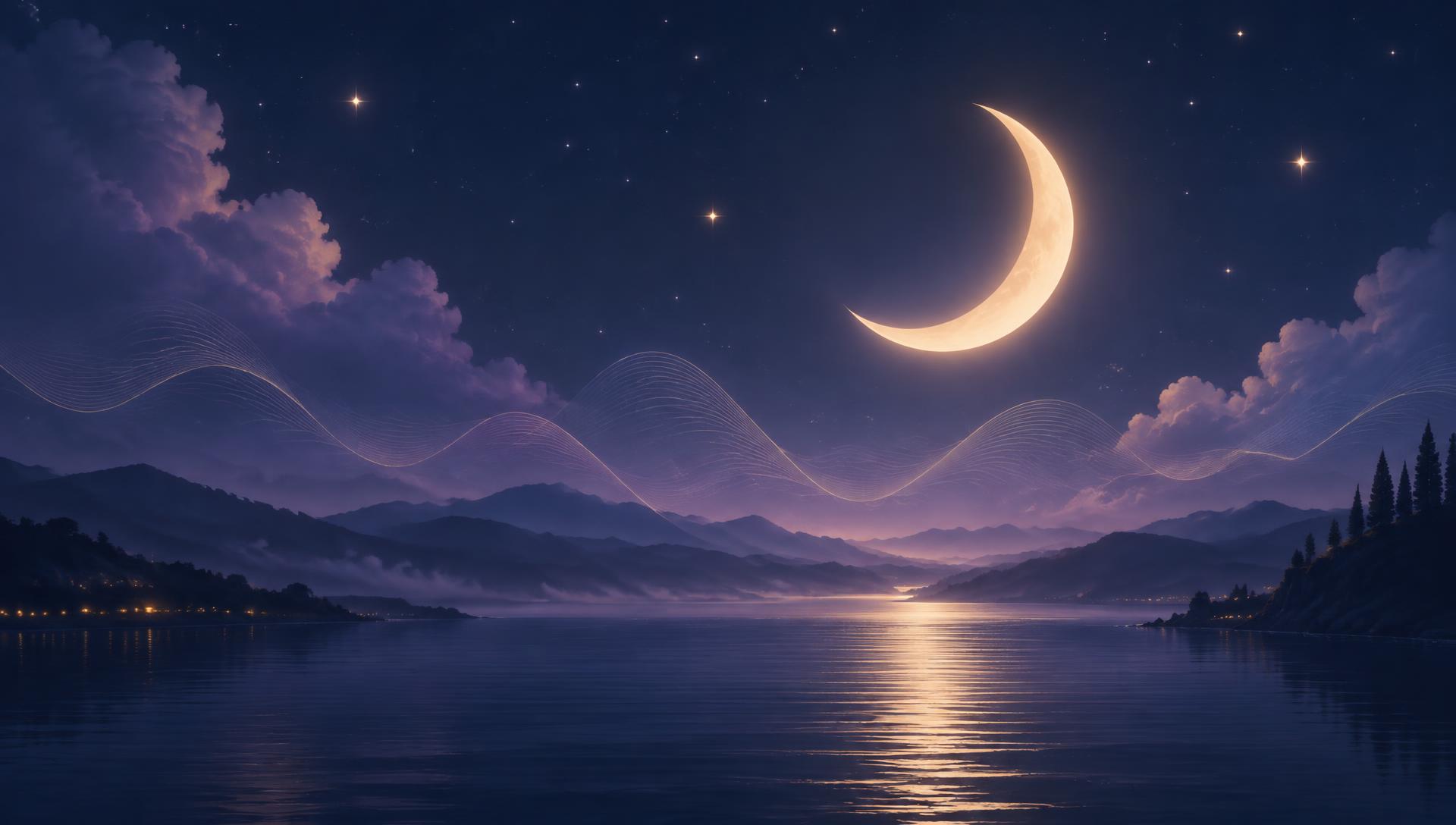 Crescent moon over a calm sea at night